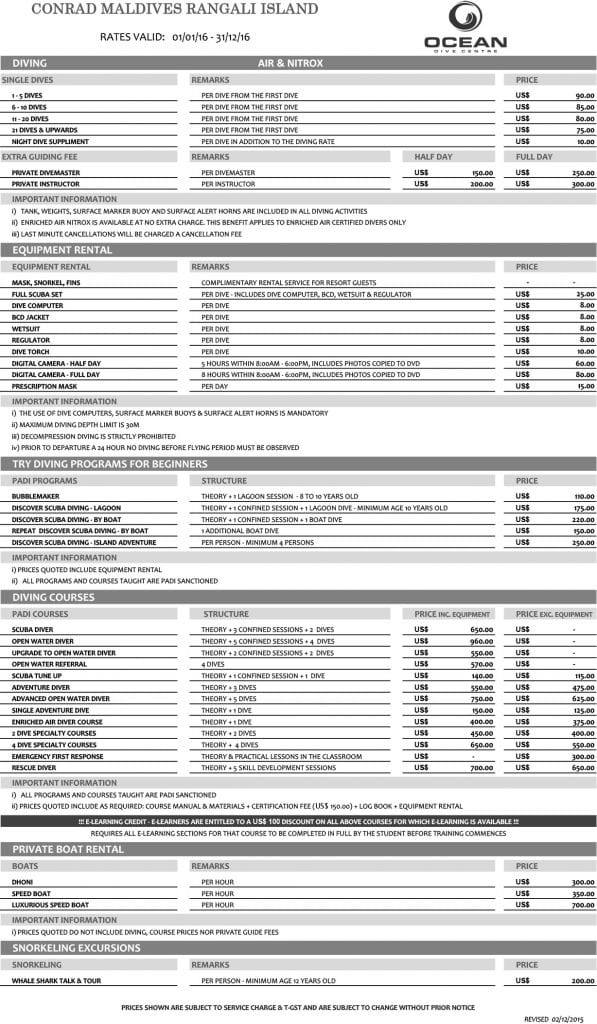 Ocean Dive Centre Dive Centre Price List 2016 597x1024 - The Spectacular Diving and Snorkelling at the Conrad Maldives