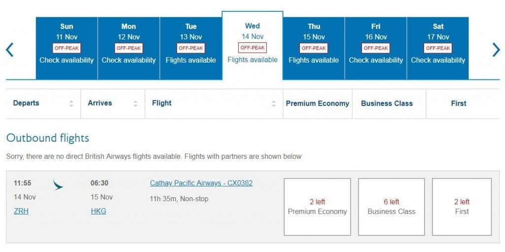 British Airways CX availability 1024x511 - The joys of Alaska Miles: CX Business Class from ZRH to HKG for £675 one-way!