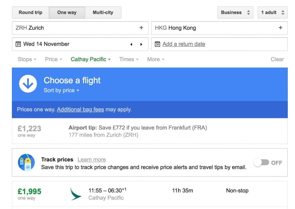 Flights from Zurich to Hong Kong %E2%80%93 Google Flights 1024x725 - The joys of Alaska Miles: CX Business Class from ZRH to HKG for £675 one-way!