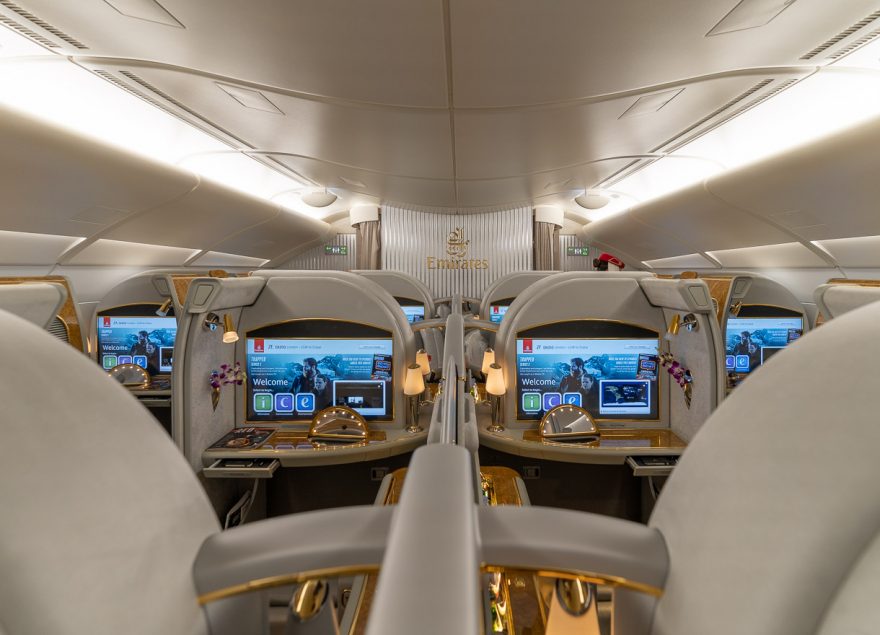 EK A380 F LGW DXB 1 880x635 - First Class flight and luxury hotel reviews