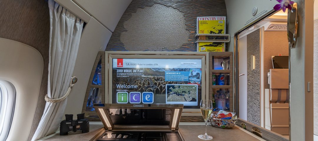 Emirates Gamechanger First Class - IFE and main table